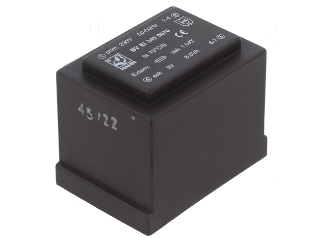 Transformator: ingegoten; 8VA; 230VAC; 9V; 888mA; PCB; BVEI Transformator: ingegoten; 8VA; 230VAC; 9V; 888mA; PCB; BVEI